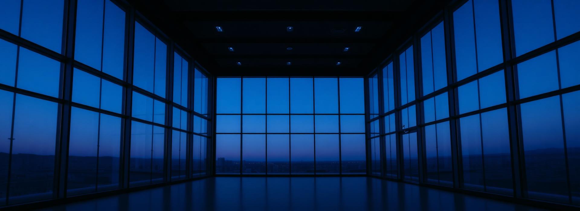 Boardroom at dusk overlooking a city skyline